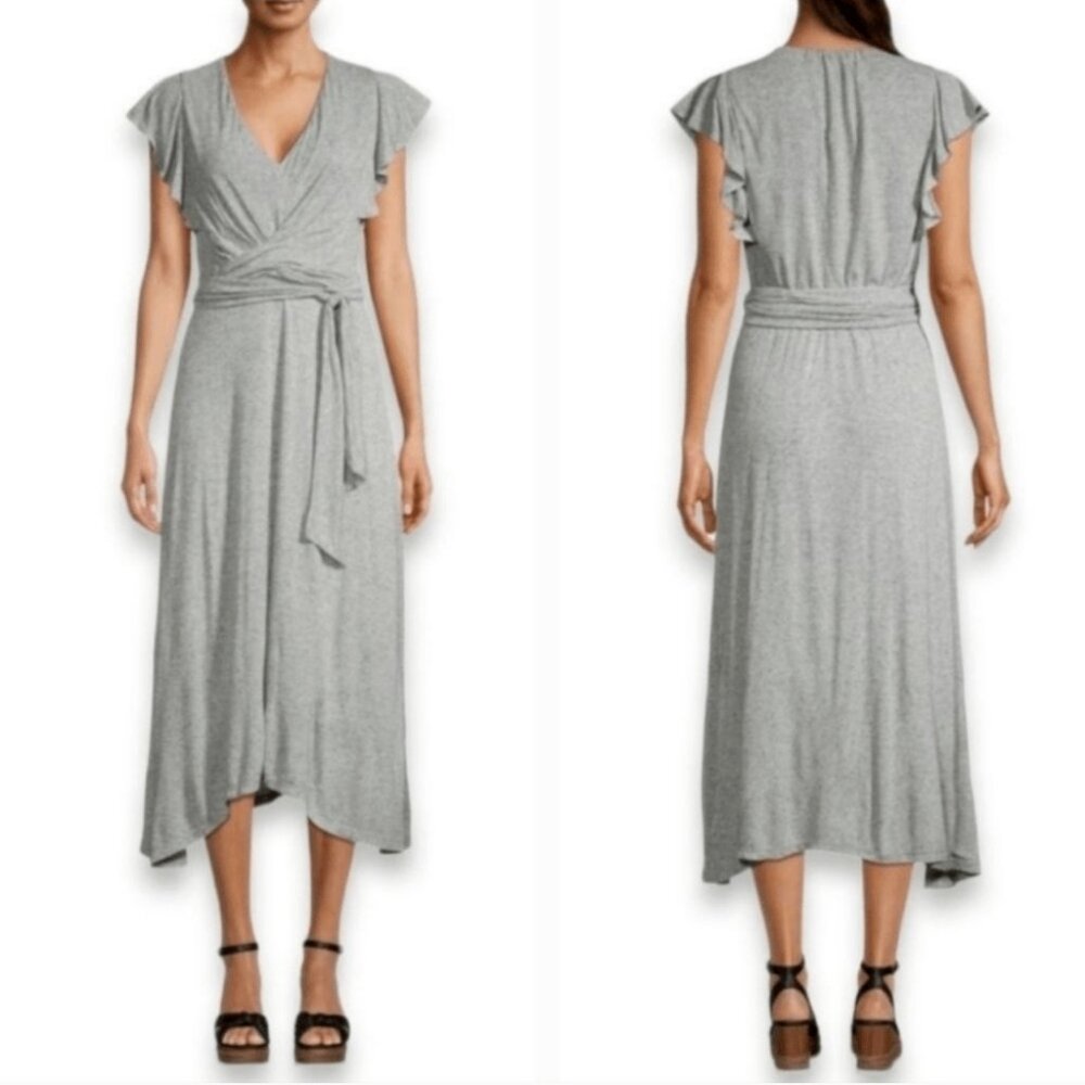 Rebecca Taylor Jersey Knit Heather Gray Dress Waist Tie Ruffle Sleeves Flax S